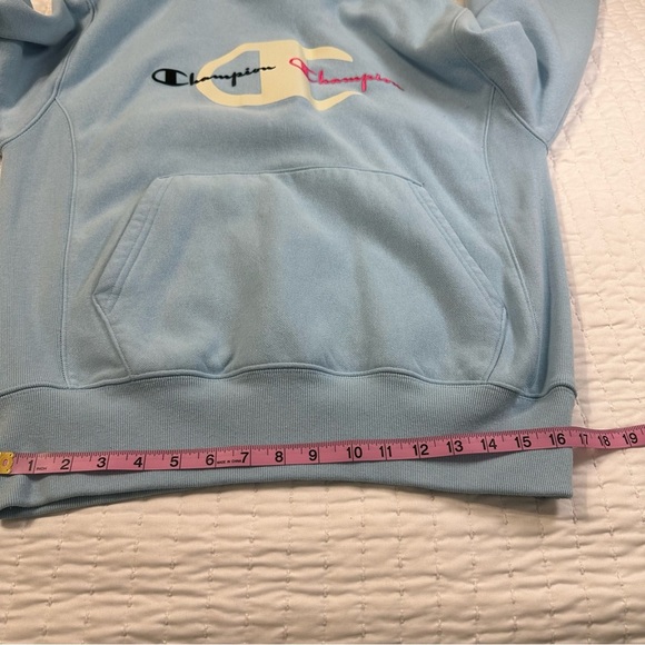 Champion Sweatshirt Light Blue Men's Pullover Spell Out Hoodie - Picture 5 of 15